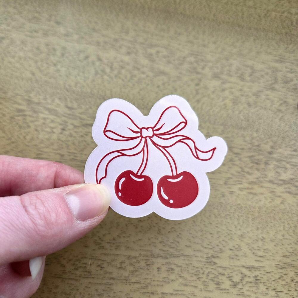 Coquette Cherry Bow Vinyl Sticker - Retro Pink Ribbon Waterproof Decal